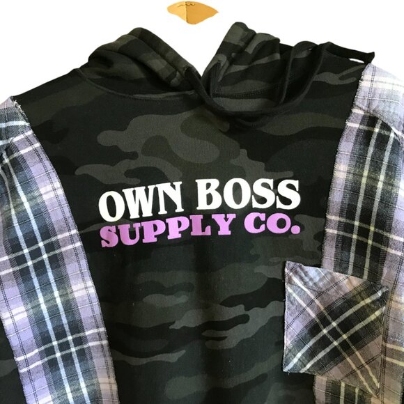 Patchwork Camo Hoodie, Size M-L: Upcycled Hipster Grunge Violet Plaid Sweatshirt - Picture 7 of 14